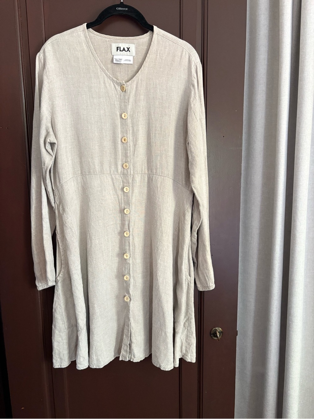 FLAX natural 100% linen button dress pockets coastal beach summer Small